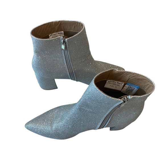 Olivia + Kate Silver Sparkle Ankle Boots Size 10 Pointed Toe Block Heel Side Zip - Picture 1 of 9